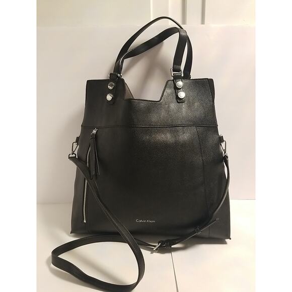 Calvin Klein Large Black Faux Leather Tote Bag Double Strap Shoulder Bag - Picture 3 of 7